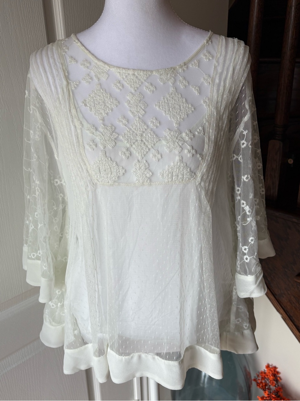 Zara Cream Lace Embroidered Bell Sleeves Top